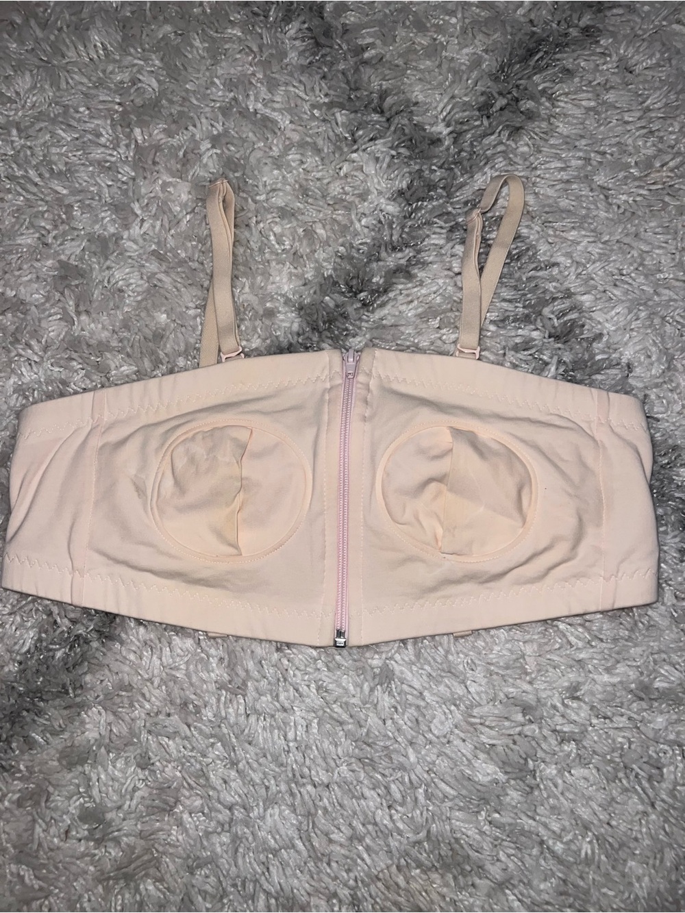 Front-Zip Bandeau Bra with Removable Straps in Light Beige for Pumping